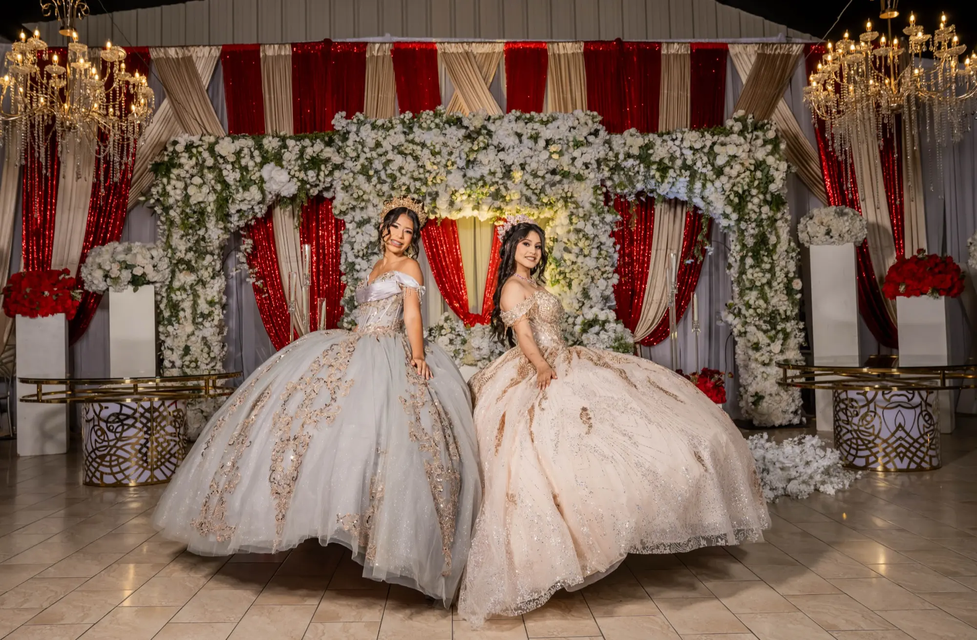 Quinceañera in a silver and champagne ball gown